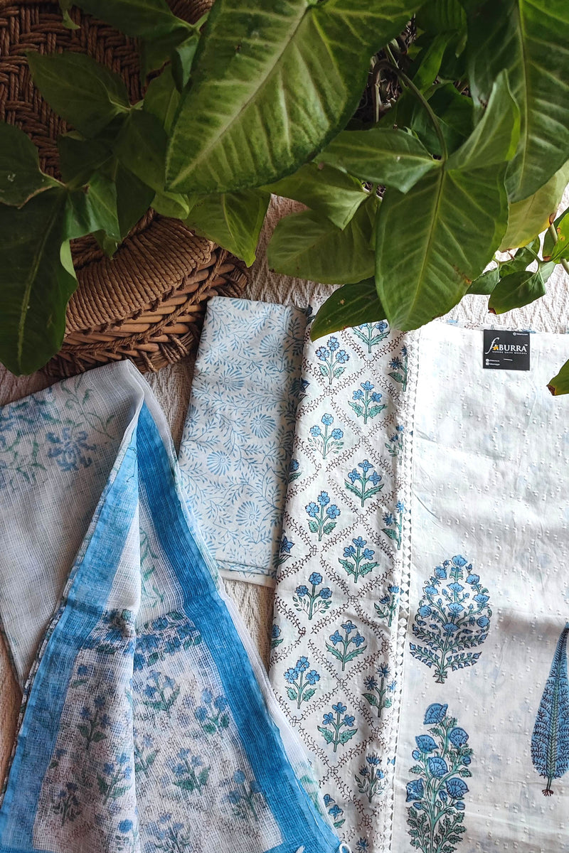 White & Sky Blue Cotton Unstitched Suit Material with Floral Buta Print & Soft Dupatta