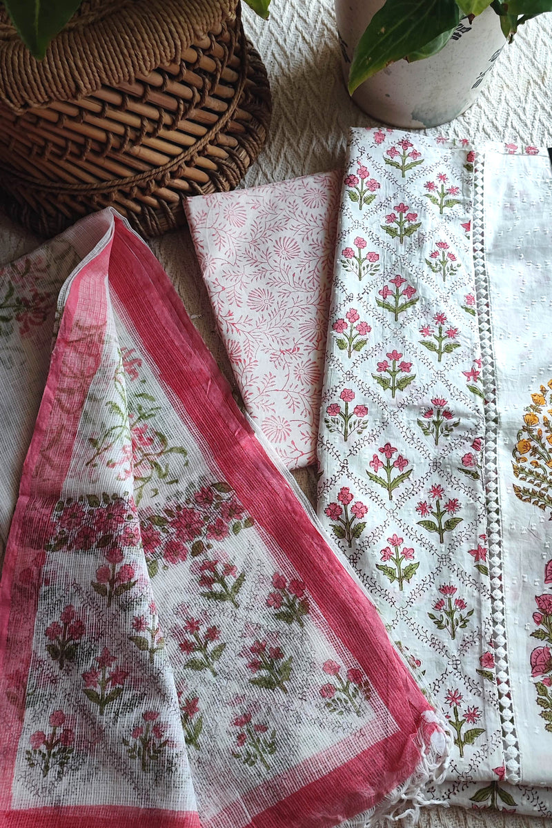 White Cotton Unstitched Suit Material with Pink Floral Print & Soft Dupatta