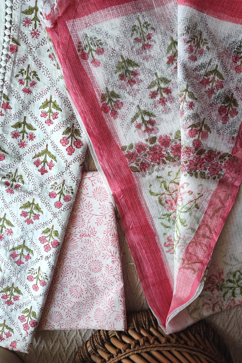 White Cotton Unstitched Suit Material with Pink Floral Print & Soft Dupatta
