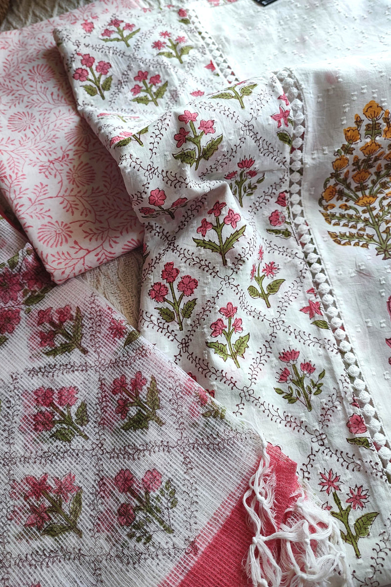 White Cotton Unstitched Suit Material with Pink Floral Print & Soft Dupatta