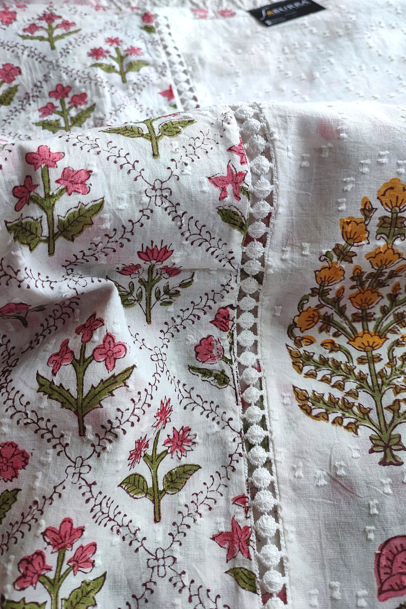White Cotton Unstitched Suit Material with Pink Floral Print & Soft Dupatta