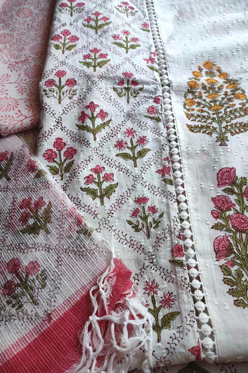 White Cotton Unstitched Suit Material with Pink Floral Print & Soft Dupatta