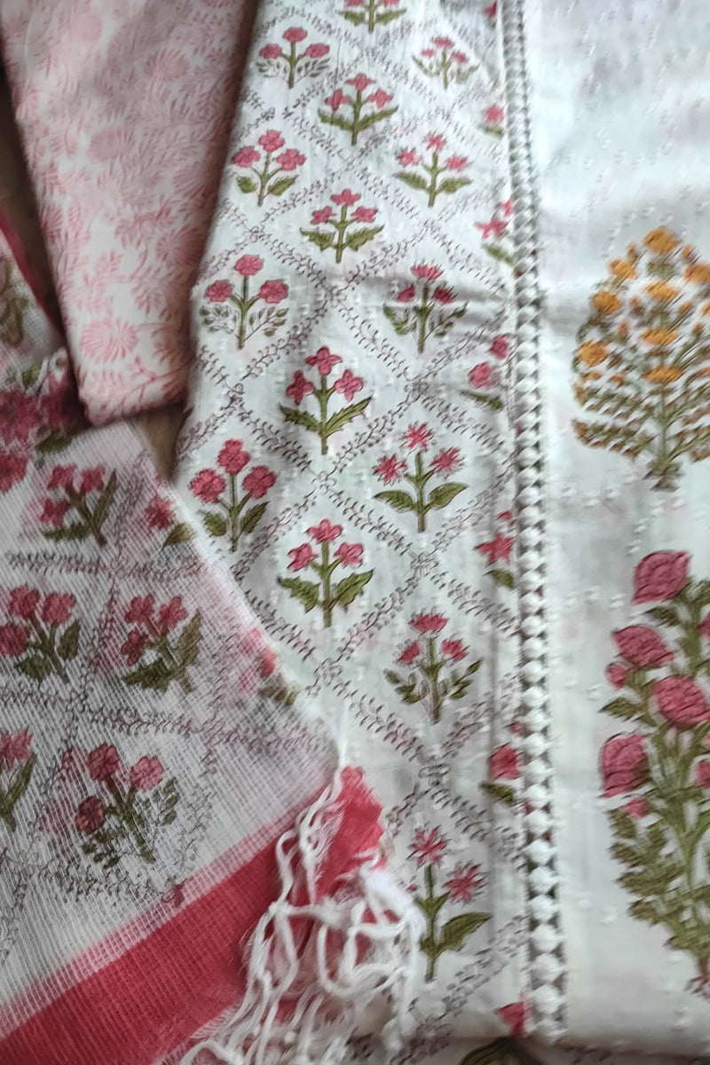 White Cotton Unstitched Suit Material with Pink Floral Print & Soft Dupatta