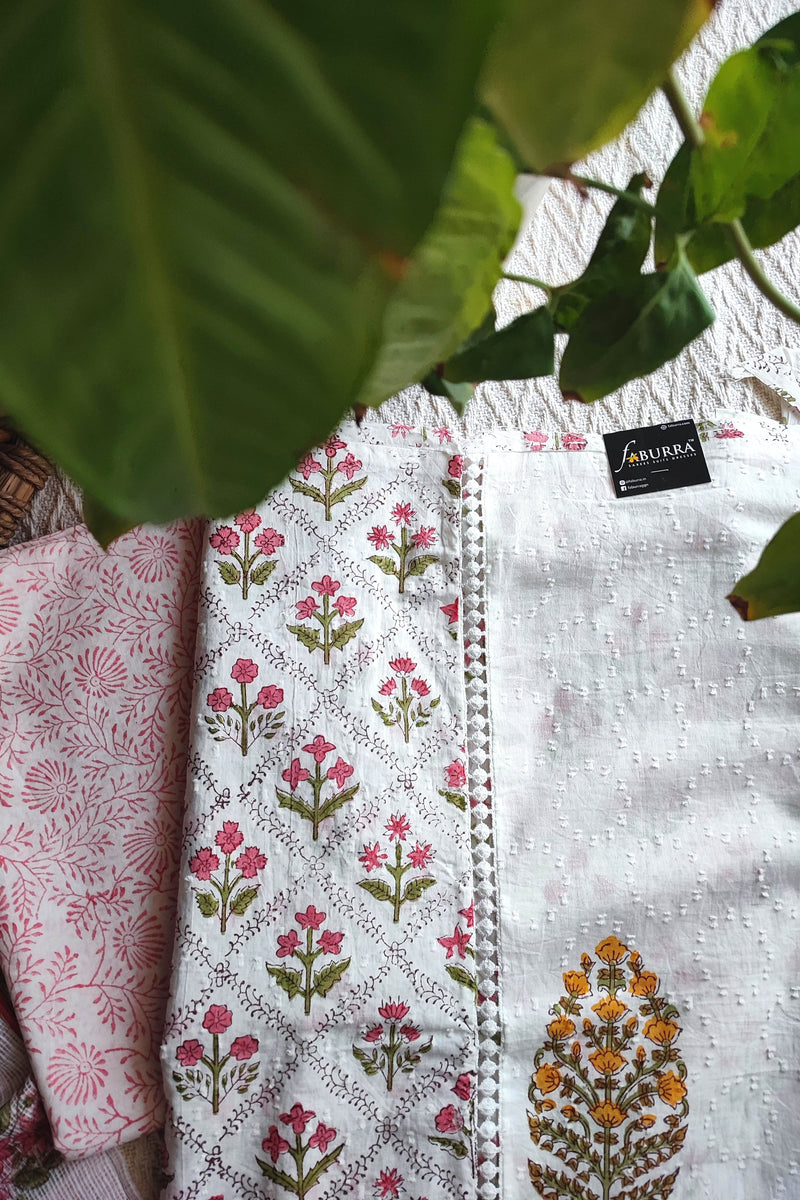 White Cotton Unstitched Suit Material with Pink Floral Print & Soft Dupatta