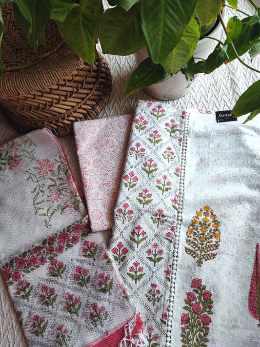 White Cotton Unstitched Suit Material with Pink Floral Print & Soft Dupatta