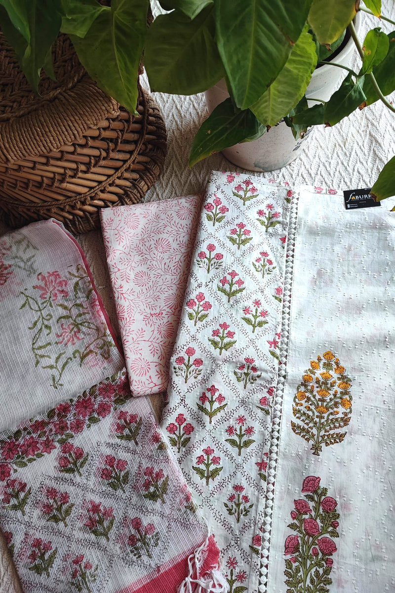 White Cotton Unstitched Suit Material with Pink Floral Print & Soft Dupatta