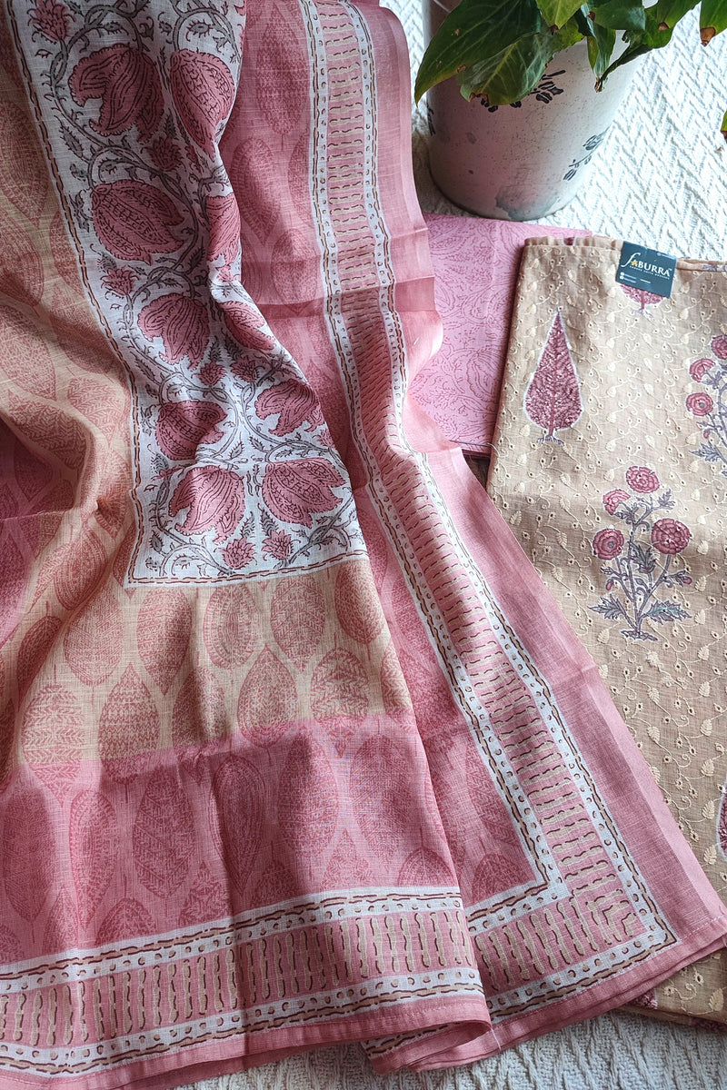 Blush Pink & Beige Cotton Unstitched Suit Material with Floral Buta Print & Elegant Dupatta