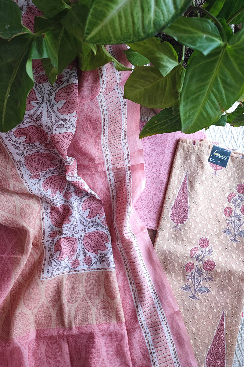 Blush Pink & Beige Cotton Unstitched Suit Material with Floral Buta Print & Elegant Dupatta