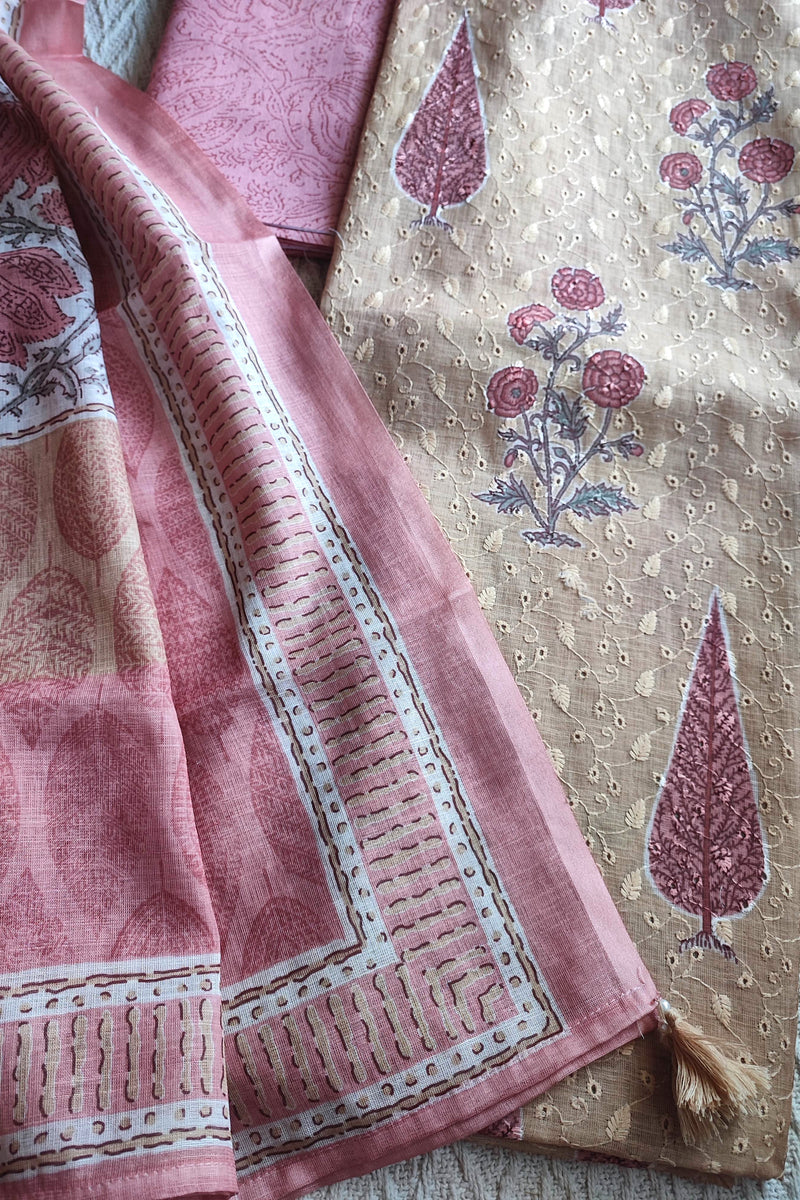 Blush Pink & Beige Cotton Unstitched Suit Material with Floral Buta Print & Elegant Dupatta
