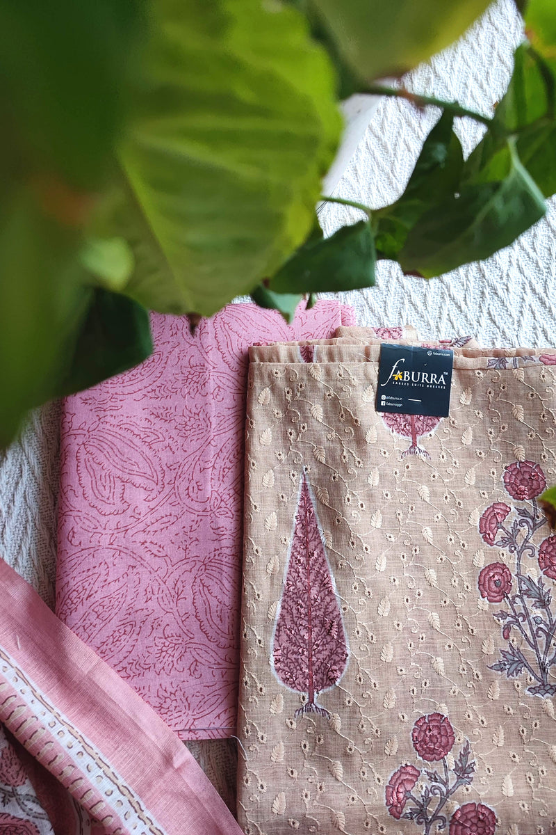 Blush Pink & Beige Cotton Unstitched Suit Material with Floral Buta Print & Elegant Dupatta