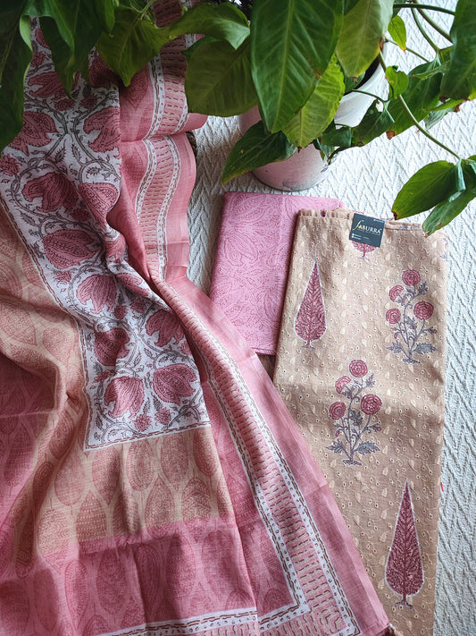 Blush Pink & Beige Cotton Unstitched Suit Material with Floral Buta Print & Elegant Dupatta