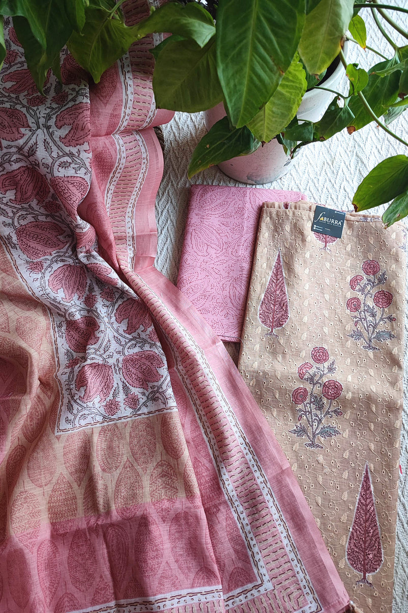 Blush Pink & Beige Cotton Unstitched Suit Material with Floral Buta Print & Elegant Dupatta