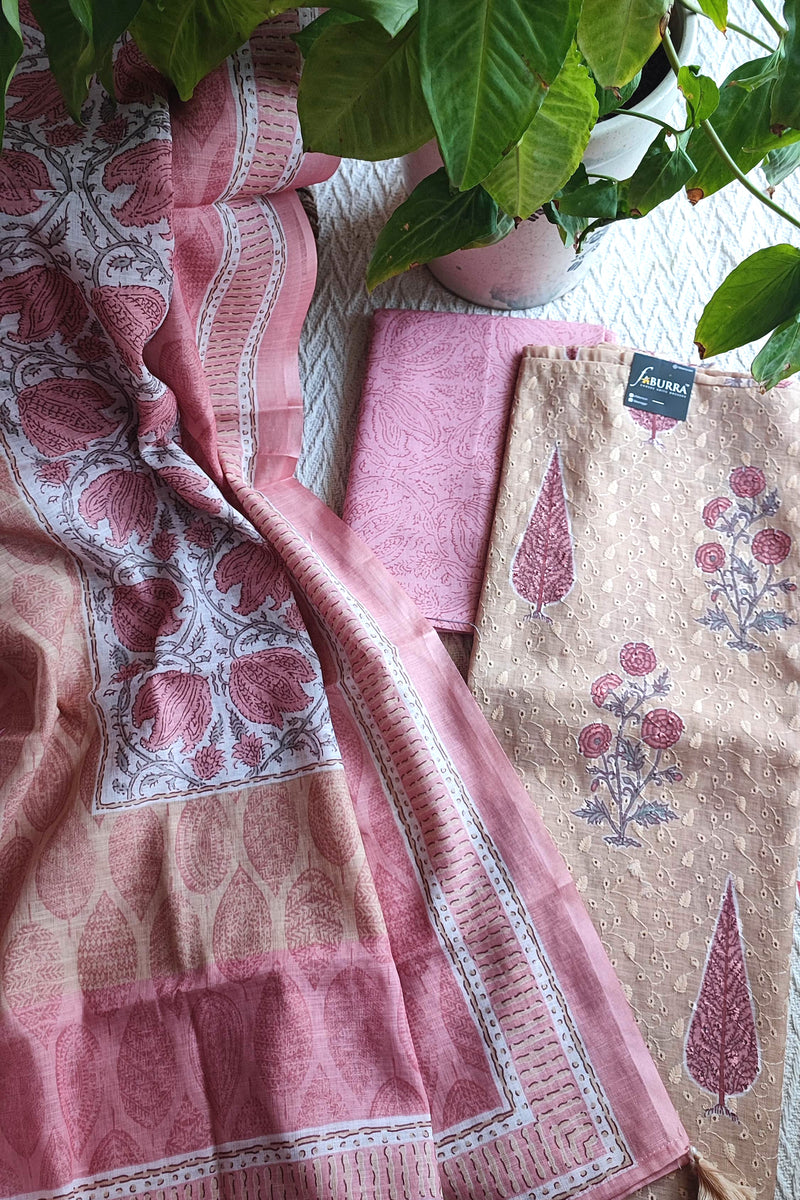 Blush Pink & Beige Cotton Unstitched Suit Material with Floral Buta Print & Elegant Dupatta