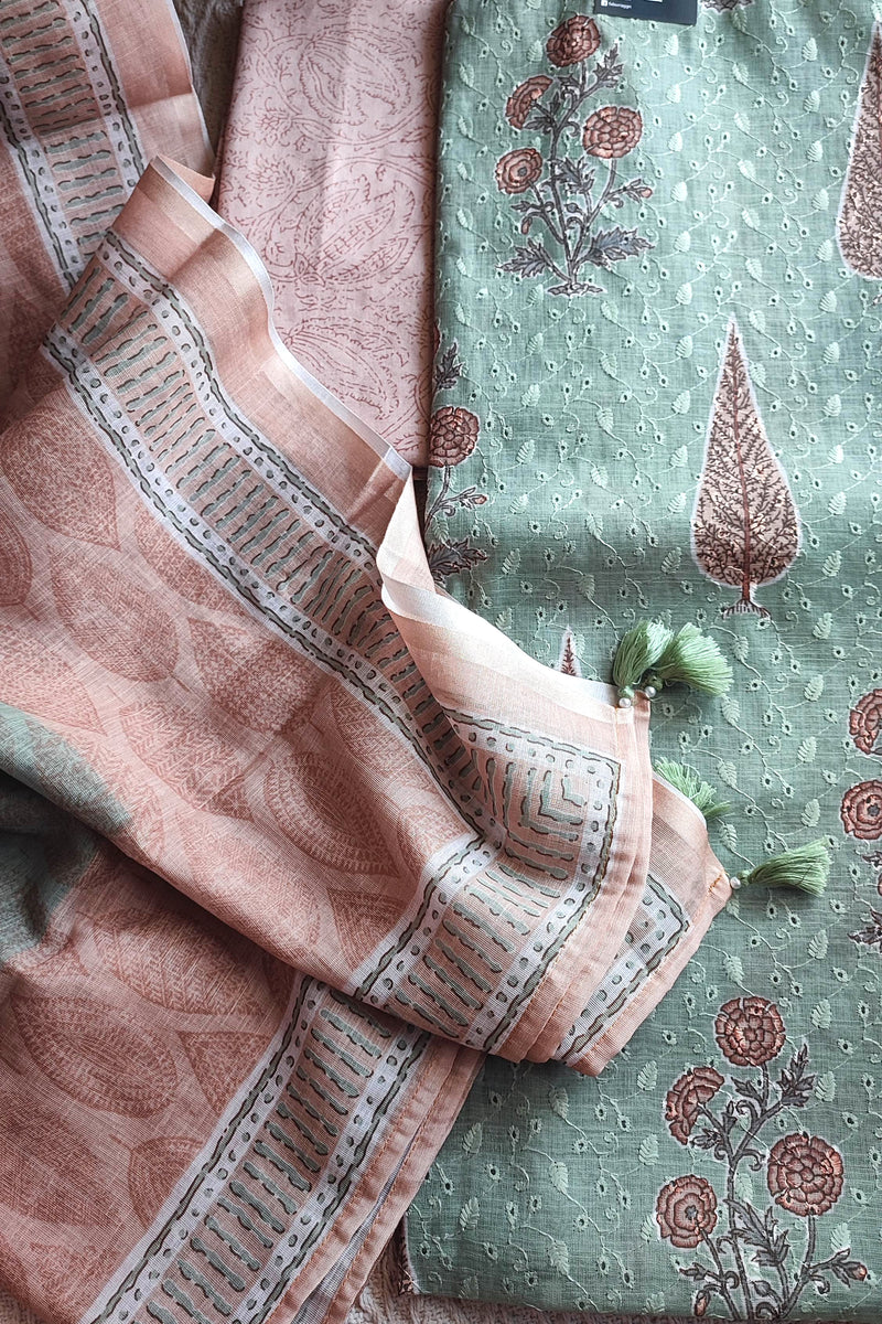 Mint Green & Peach Cotton Unstitched Suit Material with Floral Buta Print & Tassel Dupatta