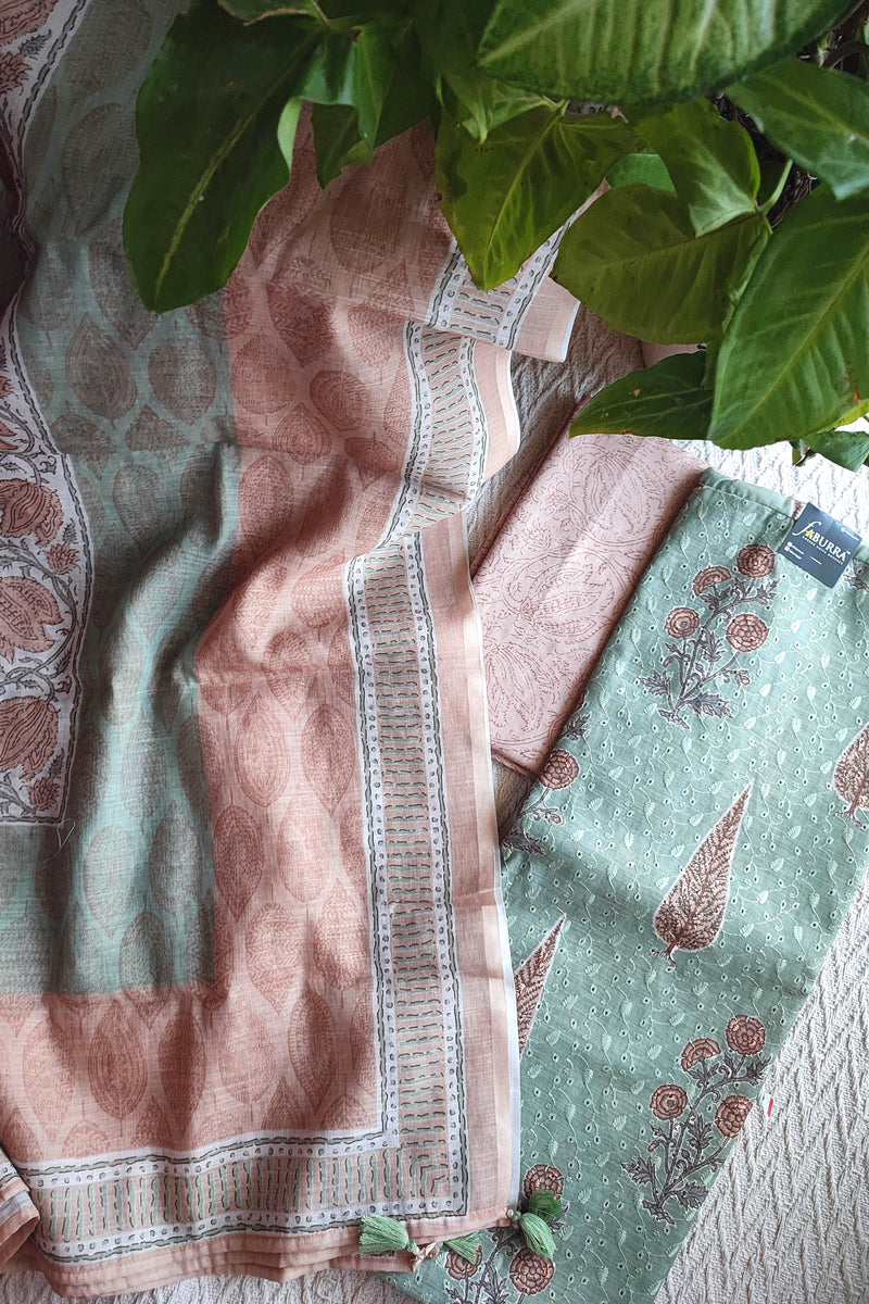 Mint Green & Peach Cotton Unstitched Suit Material with Floral Buta Print & Tassel Dupatta
