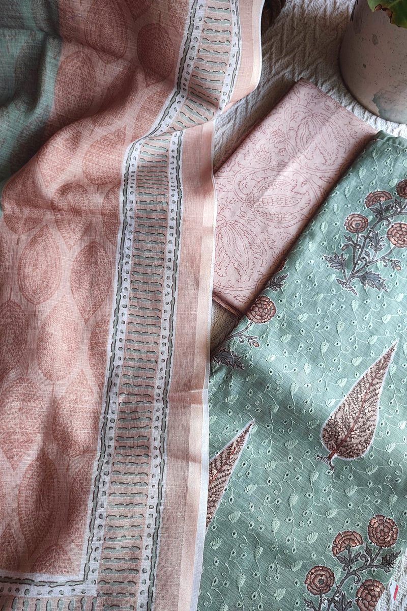 Mint Green & Peach Cotton Unstitched Suit Material with Floral Buta Print & Tassel Dupatta