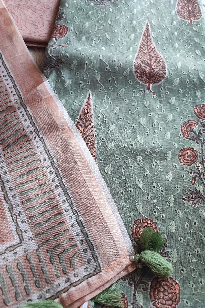 Mint Green & Peach Cotton Unstitched Suit Material with Floral Buta Print & Tassel Dupatta