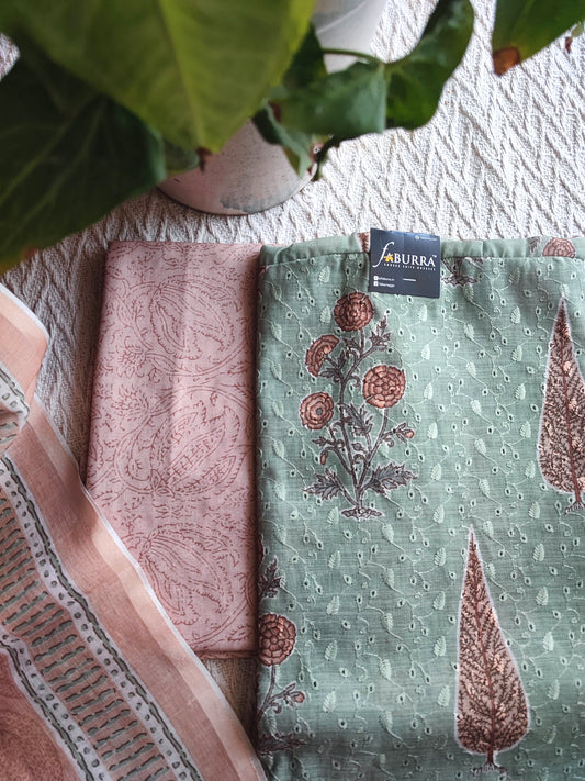 Mint Green & Peach Cotton Unstitched Suit Material with Floral Buta Print & Tassel Dupatta
