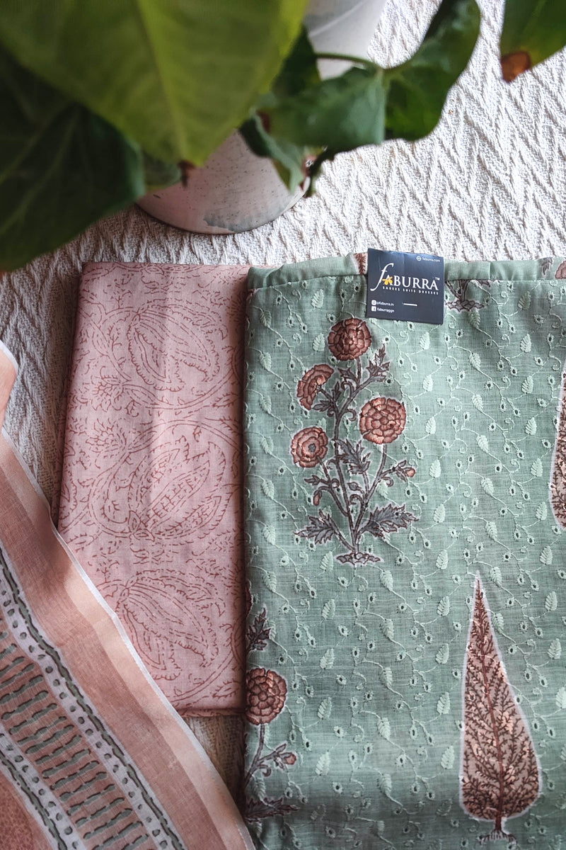 Mint Green & Peach Cotton Unstitched Suit Material with Floral Buta Print & Tassel Dupatta