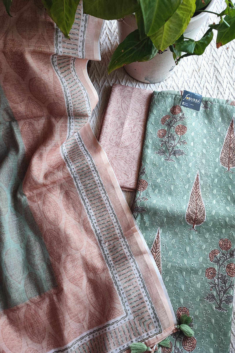 Mint Green & Peach Cotton Unstitched Suit Material with Floral Buta Print & Tassel Dupatta