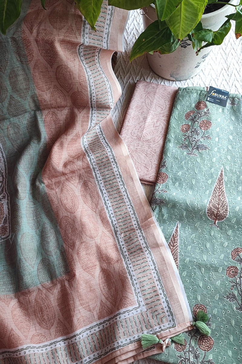 Mint Green & Peach Cotton Unstitched Suit Material with Floral Buta Print & Tassel Dupatta