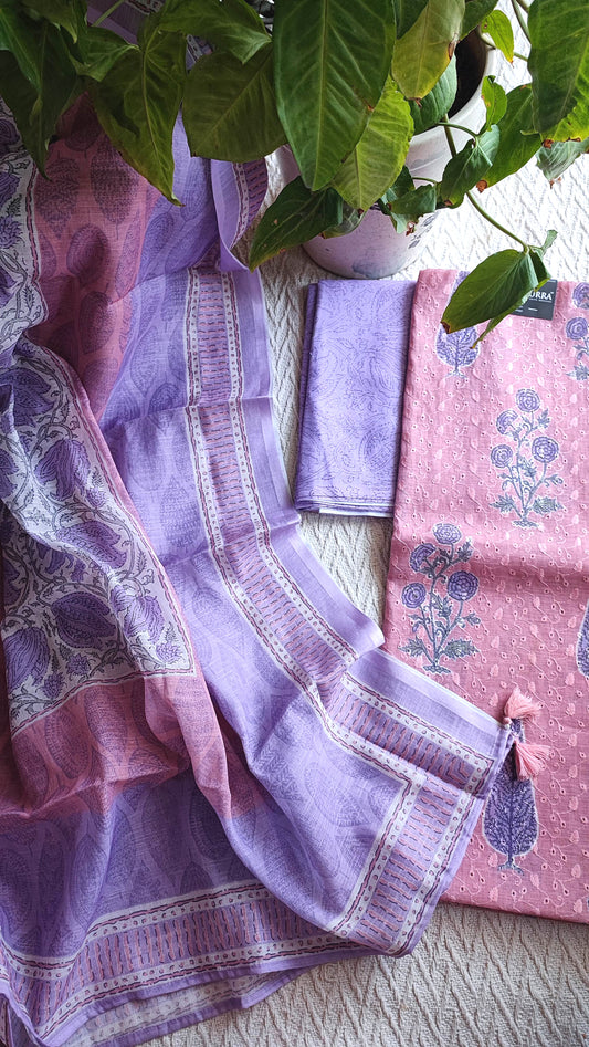 Blush Pink & Lavender Cotton Unstitched Suit Material with Floral Buta Print & Designer Dupatta
