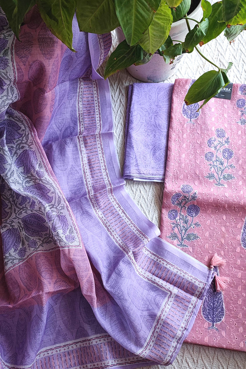 Blush Pink & Lavender Cotton Unstitched Suit Material with Floral Buta Print & Designer Dupatta