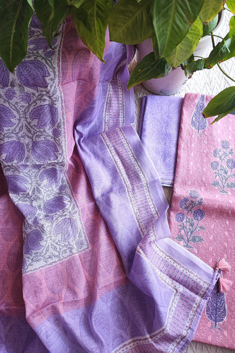 Blush Pink & Lavender Cotton Unstitched Suit Material with Floral Buta Print & Designer Dupatta