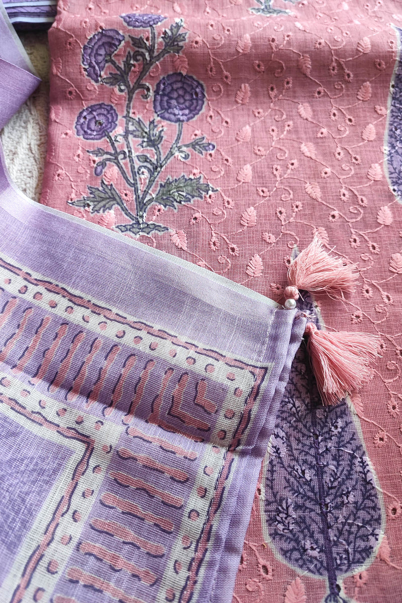 Blush Pink & Lavender Cotton Unstitched Suit Material with Floral Buta Print & Designer Dupatta