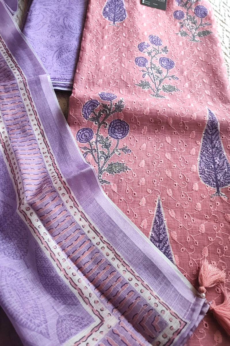 Blush Pink & Lavender Cotton Unstitched Suit Material with Floral Buta Print & Designer Dupatta