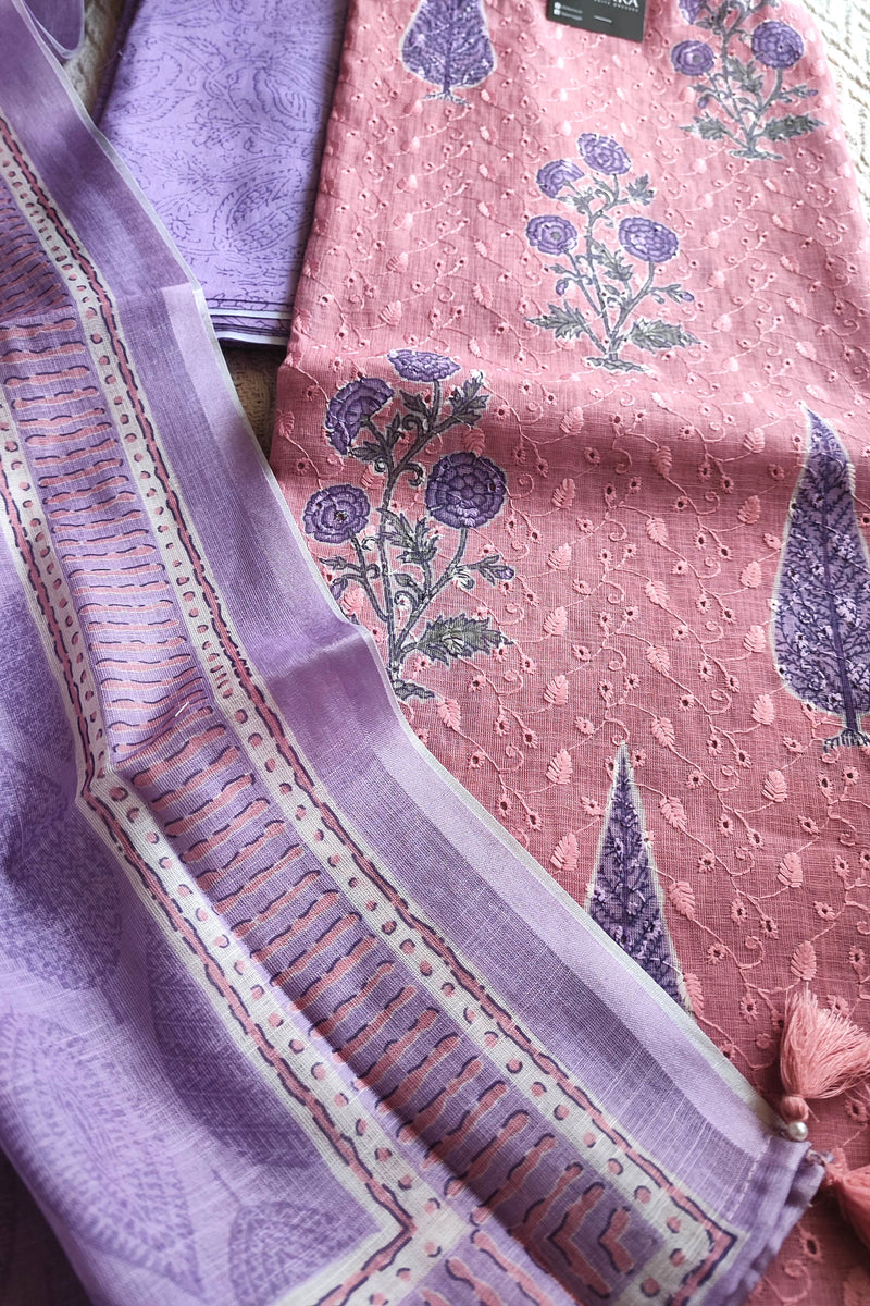 Blush Pink & Lavender Cotton Unstitched Suit Material with Floral Buta Print & Designer Dupatta