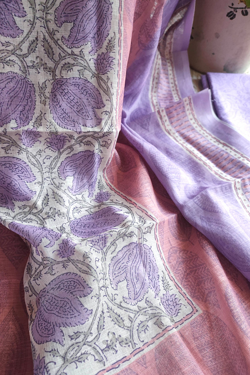 Blush Pink & Lavender Cotton Unstitched Suit Material with Floral Buta Print & Designer Dupatta