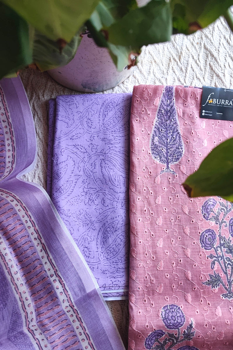 Blush Pink & Lavender Cotton Unstitched Suit Material with Floral Buta Print & Designer Dupatta