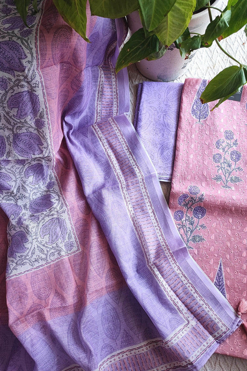 Blush Pink & Lavender Cotton Unstitched Suit Material with Floral Buta Print & Designer Dupatta