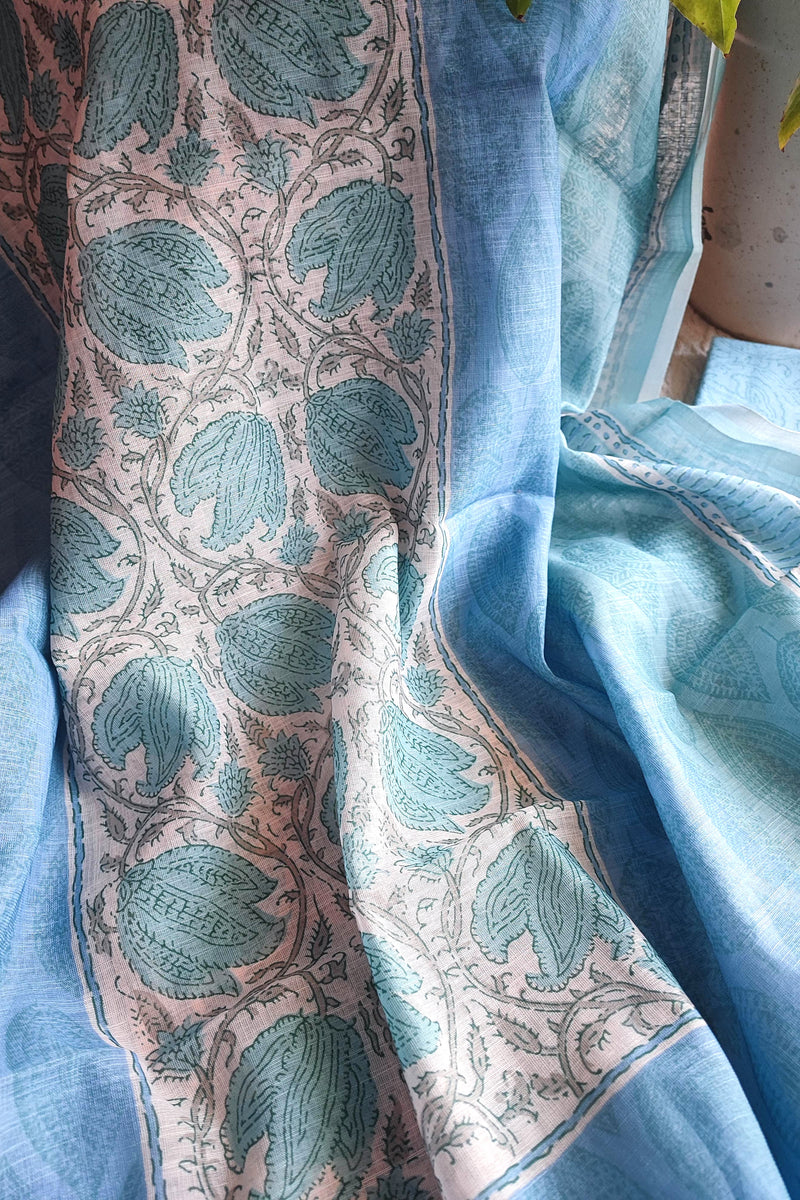Powder Blue Cotton Unstitched Suit Material with Buta Print & Elegant Border Dupatta