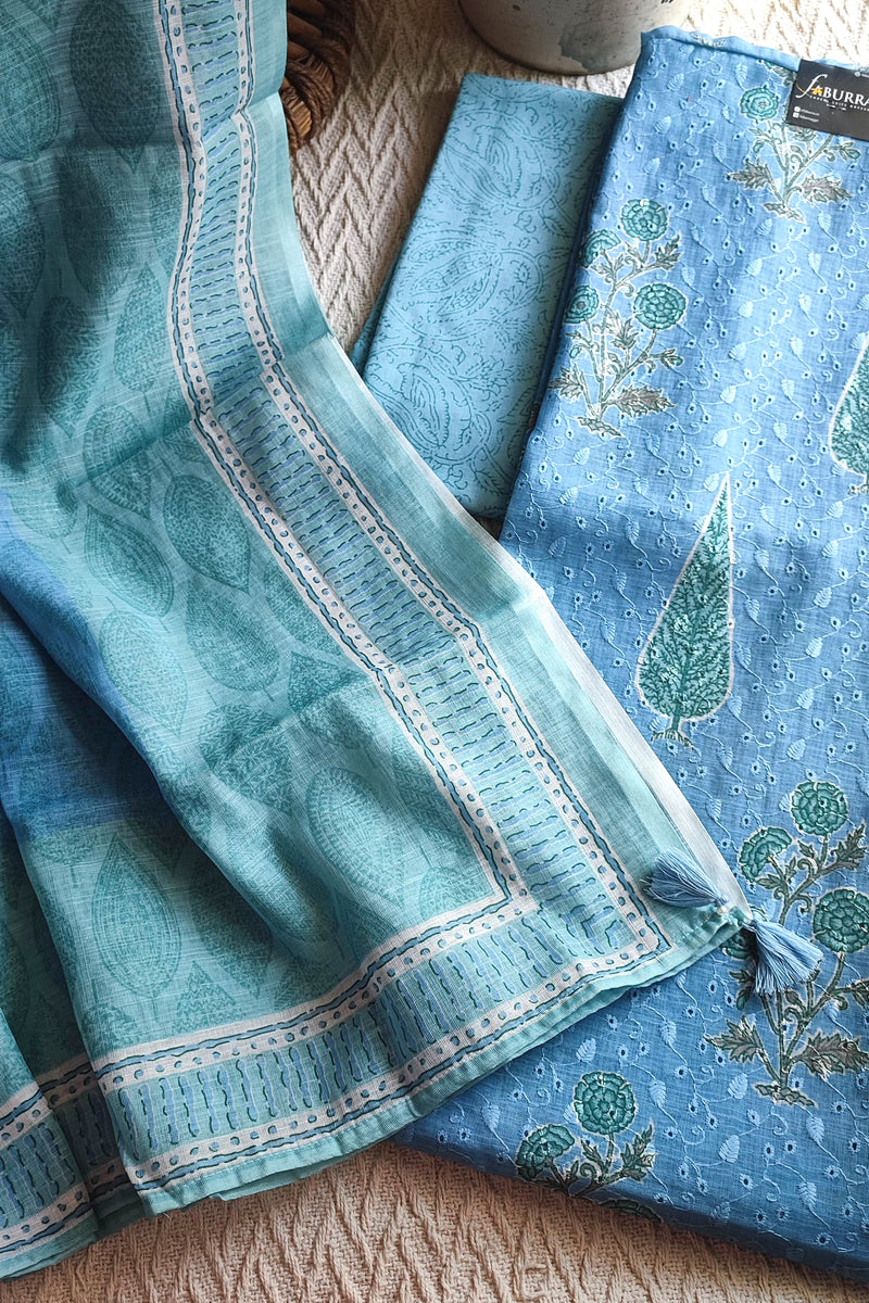 Powder Blue Cotton Unstitched Suit Material with Buta Print & Elegant Border Dupatta