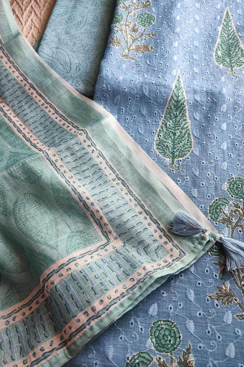 Powder Blue Cotton Unstitched Suit Material with Buta Print & Elegant Border Dupatta