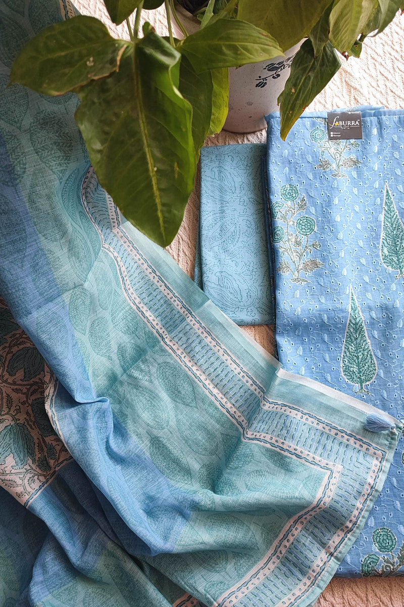 Powder Blue Cotton Unstitched Suit Material with Buta Print & Elegant Border Dupatta