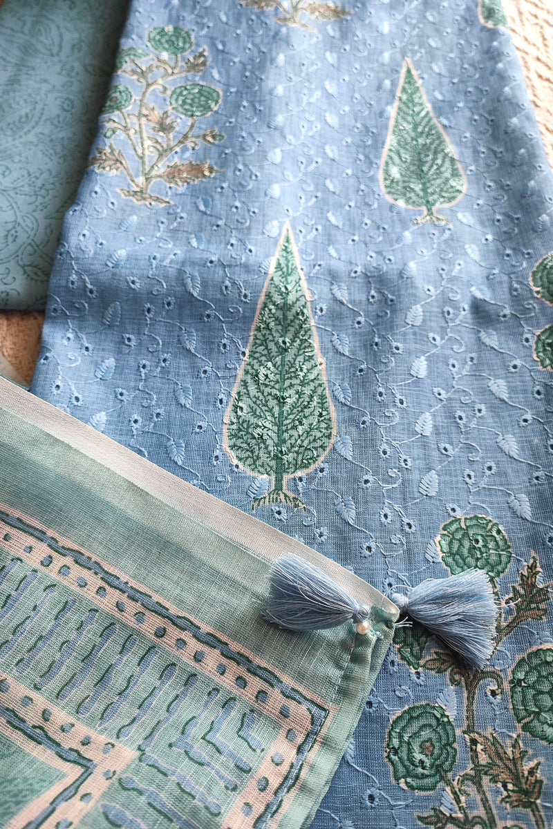 Powder Blue Cotton Unstitched Suit Material with Buta Print & Elegant Border Dupatta