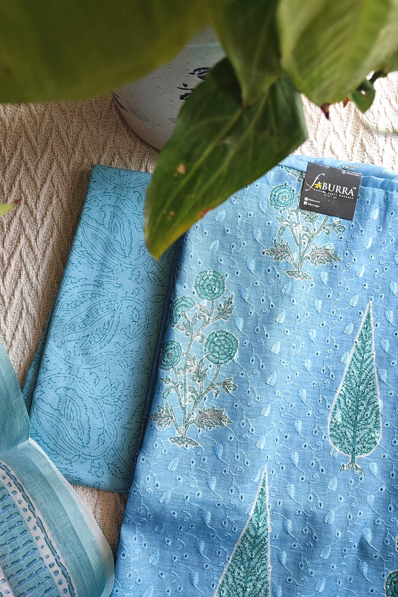 Powder Blue Cotton Unstitched Suit Material with Buta Print & Elegant Border Dupatta
