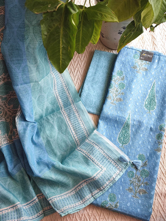 Powder Blue Cotton Unstitched Suit Material with Buta Print & Elegant Border Dupatta