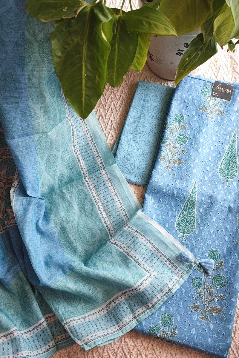 Powder Blue Cotton Unstitched Suit Material with Buta Print & Elegant Border Dupatta
