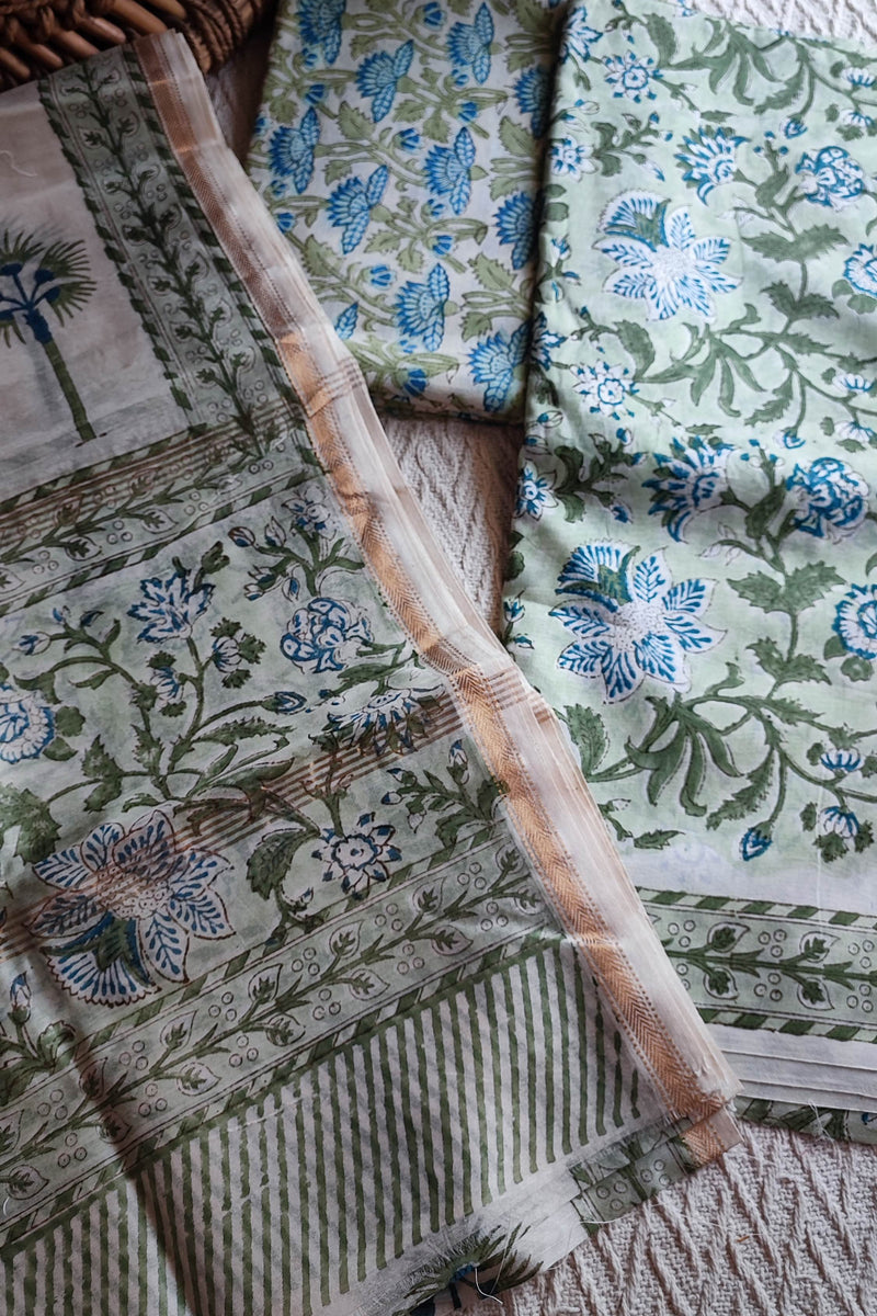 Chandari silk Unstitched Suit Set for Women with Blue Floral Print & Elegant Dupatta (Pastel Green)