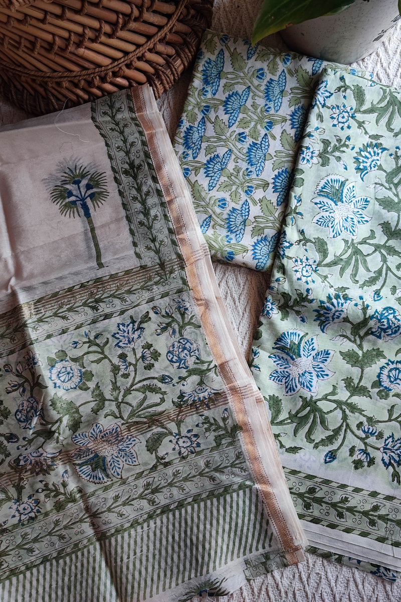 Chandari silk Unstitched Suit Set for Women with Blue Floral Print & Elegant Dupatta (Pastel Green)