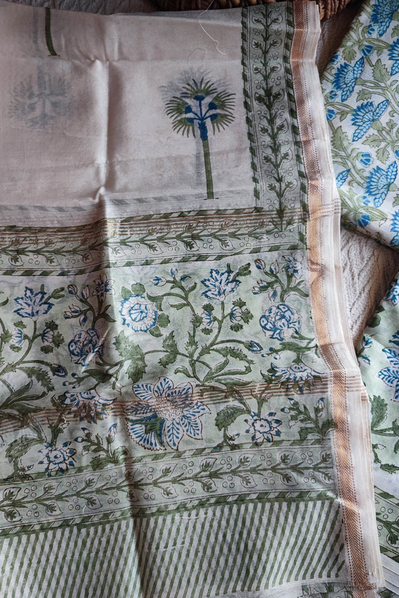 Chandari silk Unstitched Suit Set for Women with Blue Floral Print & Elegant Dupatta (Pastel Green)
