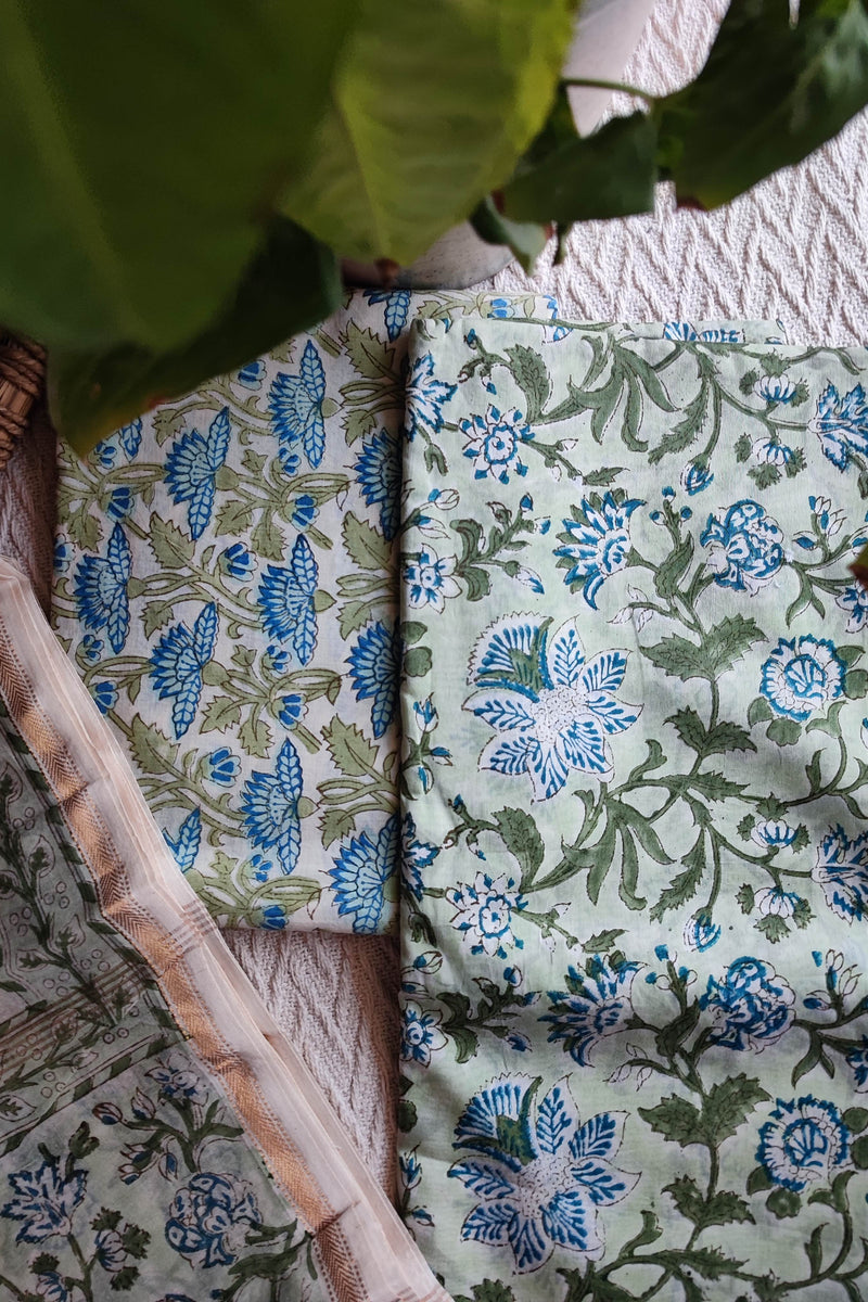 Chandari silk Unstitched Suit Set for Women with Blue Floral Print & Elegant Dupatta (Pastel Green)