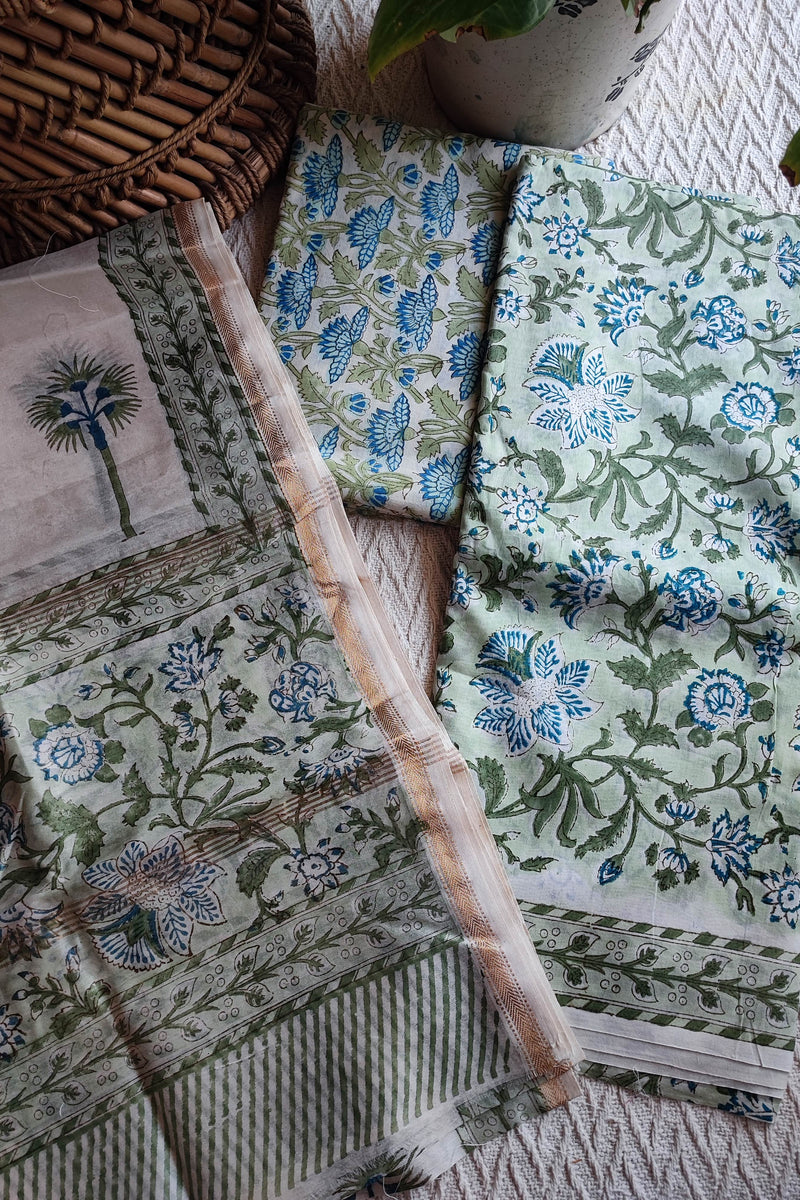 Chandari silk Unstitched Suit Set for Women with Blue Floral Print & Elegant Dupatta (Pastel Green)