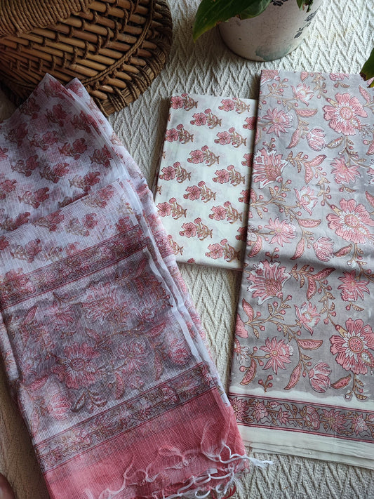 Pure cotton Unstitched Suit Set for Women with Floral Print & Lightweight kota Dupatta (Pastel Pink & Grey)