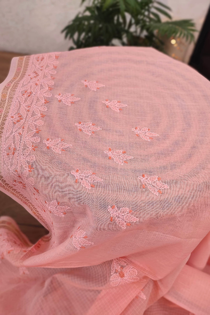 Lucknowi Chikankari Saree for Women with Fine Embroidery & Border (Peach Pink)