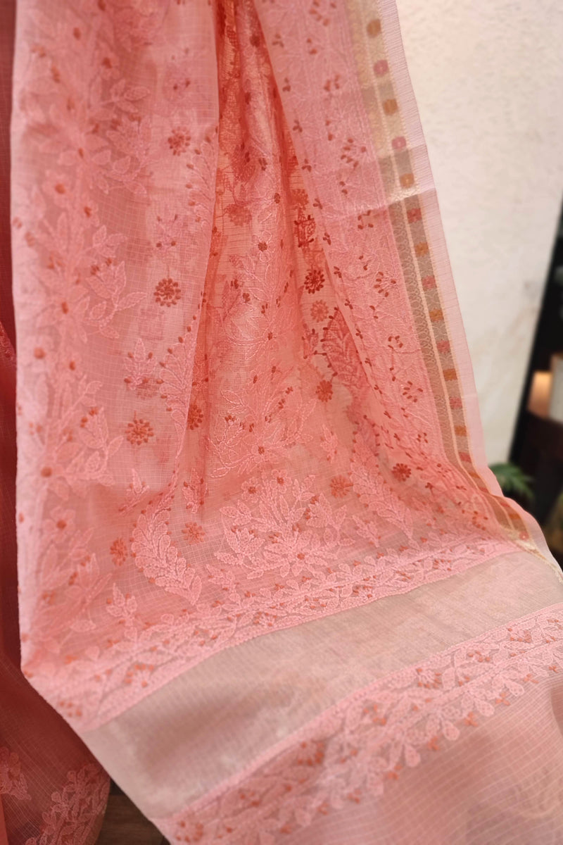 Lucknowi Chikankari Saree for Women with Fine Embroidery & Border (Peach Pink)